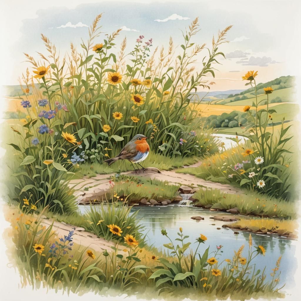 European Robin in Rousseau-Style Gouache Landscape