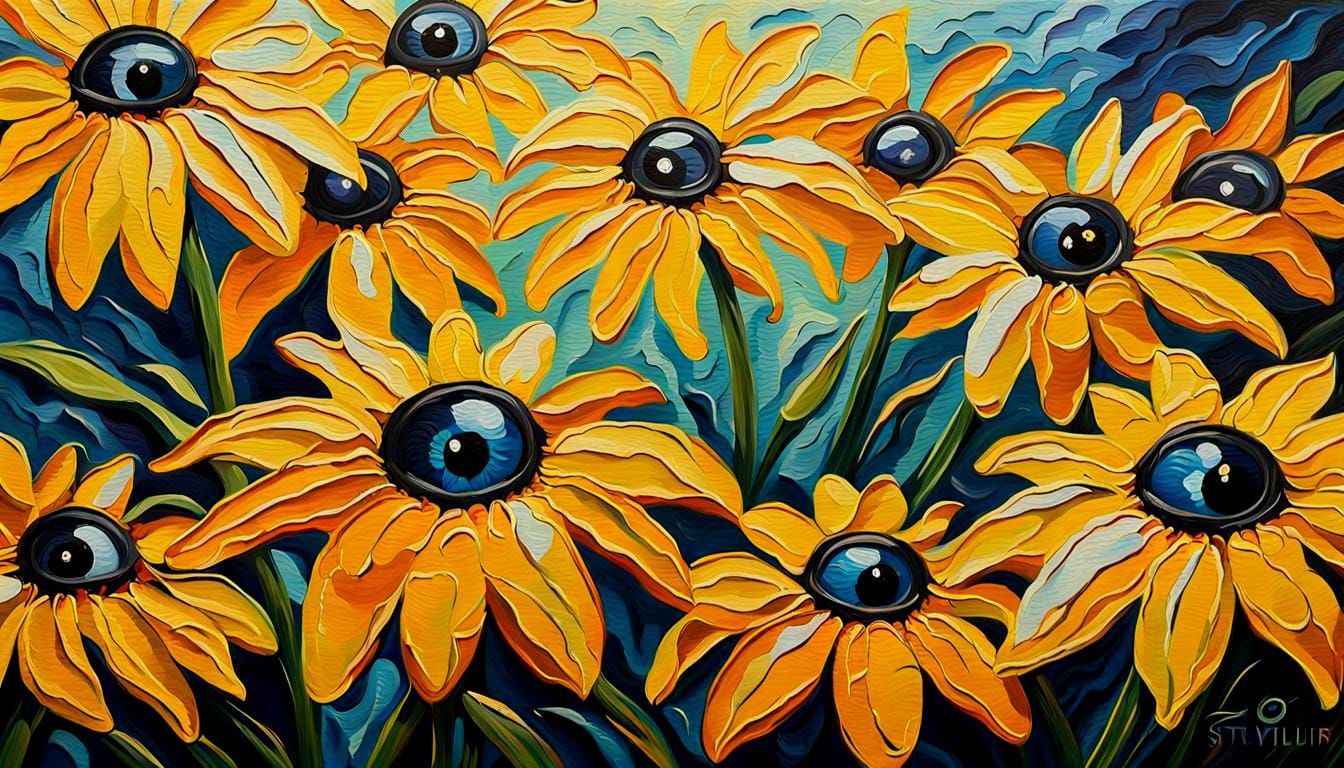 Black-Eyed Susans With Eye as Impasto Painting