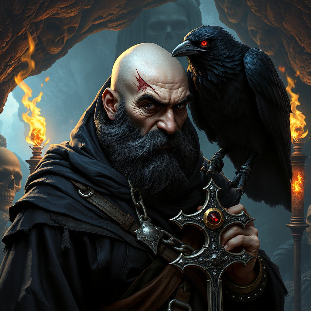 Grizzled Monk with Raven in Ancient Cave
