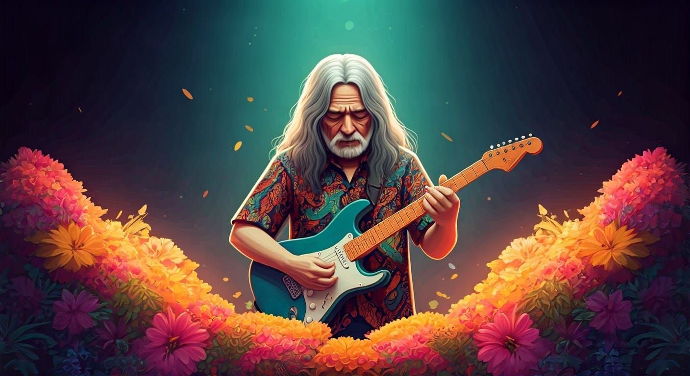 Electric Guitarist Amidst Vibrant Flowers in Psychedelic Sty...