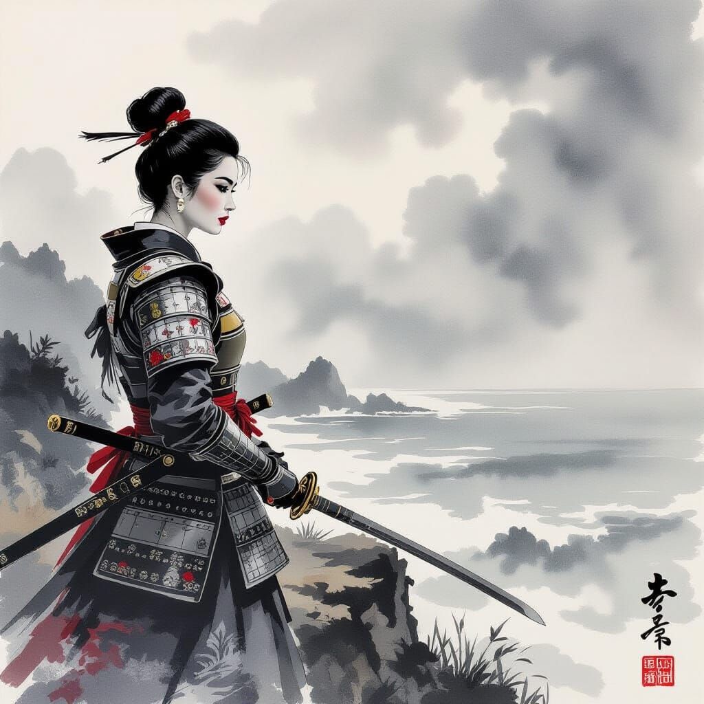 Audrey Hepburn as Samurai in Japanese Ink Wash Style