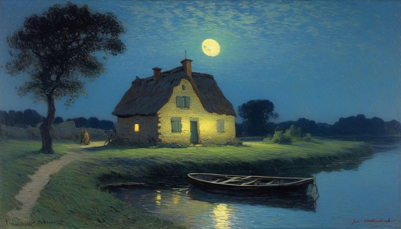 Moonlit Cottage in Briere: 1888 Oil Painting