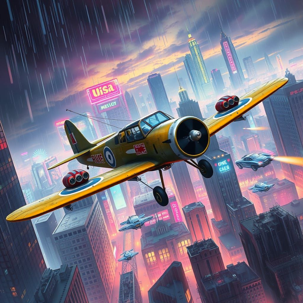 Biplane Soaring Through Cyberpunk Metropolis