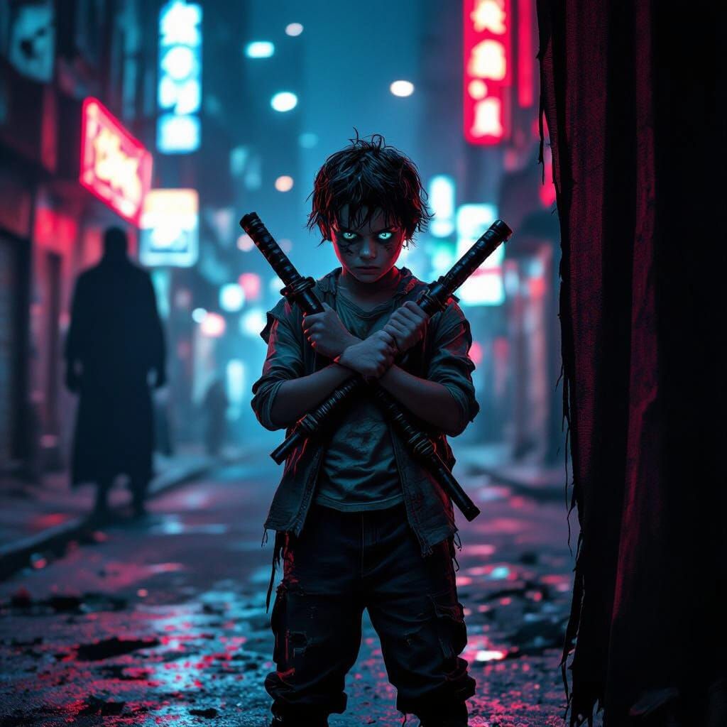 Boy with Nunchucks in Cyberpunk Cityscape
