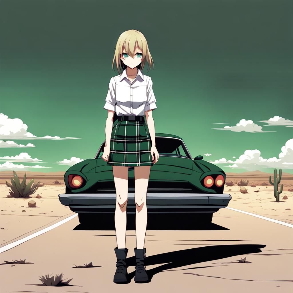 Anime Style: Handcuffed Woman on Desert Road