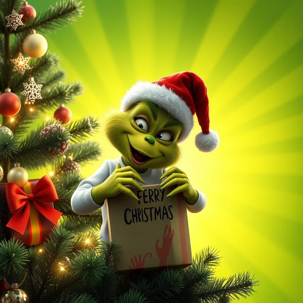 Baby Grinch Rips Open Vibrant Christmas Present Under Sparkl...