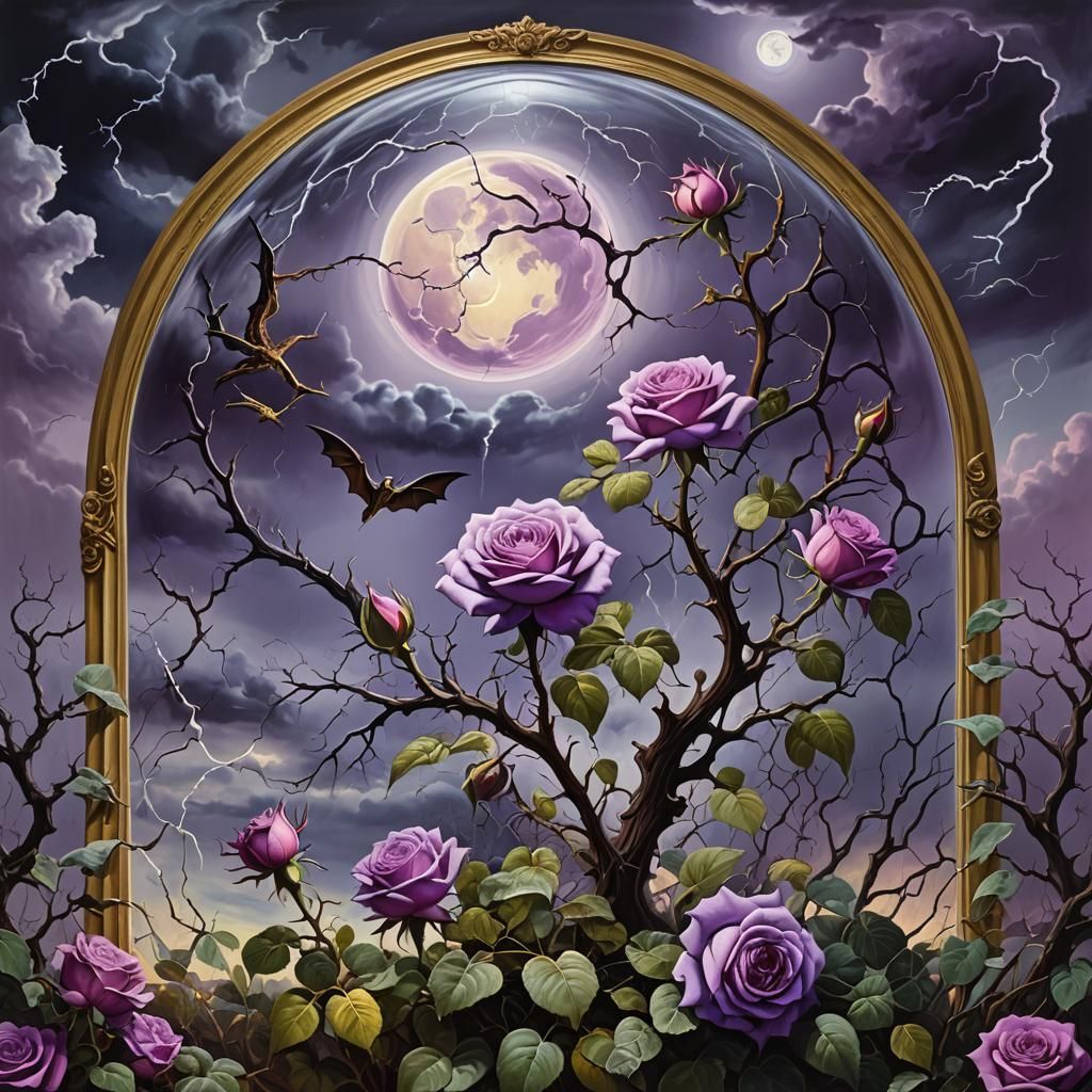 Surreal Rose Garden Under Glass Dome with Dragons