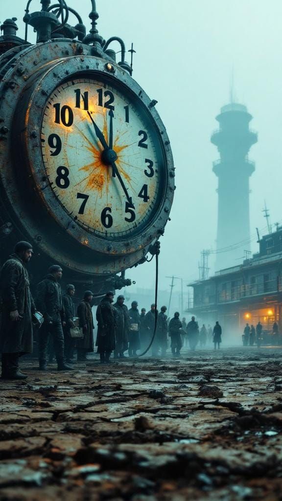 Moody Cinematic Scene of Workers Beneath Floating Tower