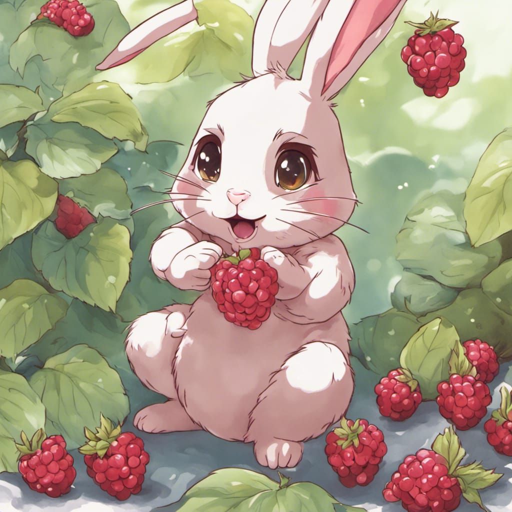 Cute Rabbit Eating Raspberries in Anime Style