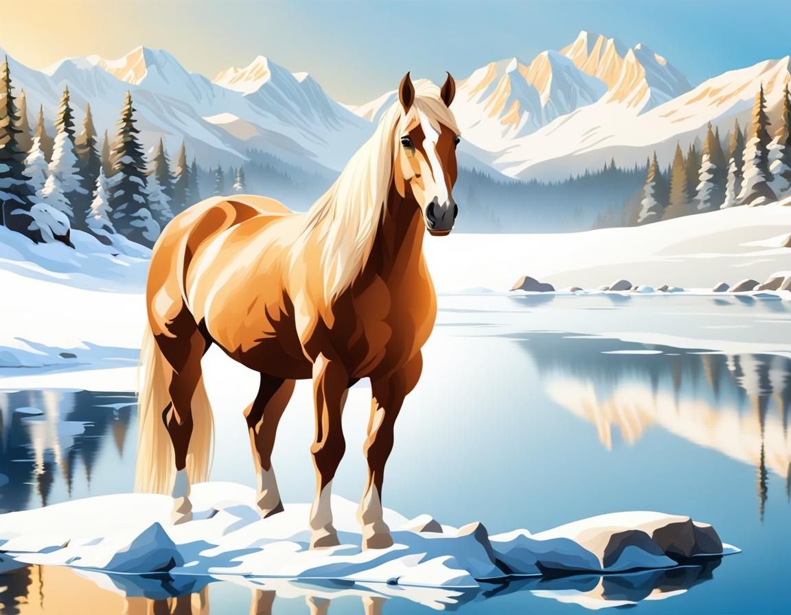 Palomino Horse in Winter Landscape Reflection