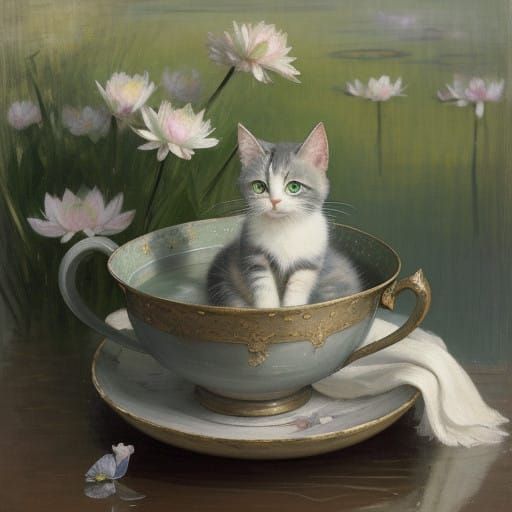 Whimsical Kitten in Antique Teacup, Oil Painting