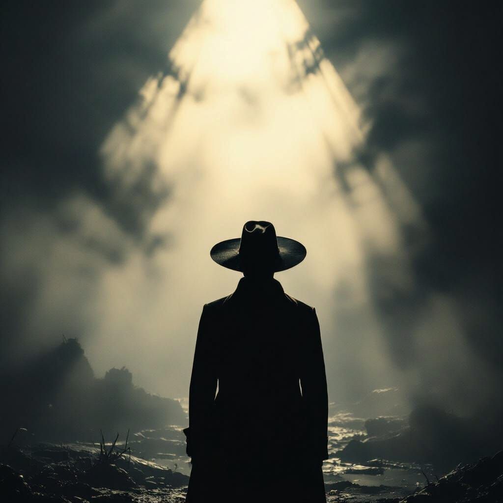 Mysterious Figure in Surreal Dreamscape with Cinematic Light...