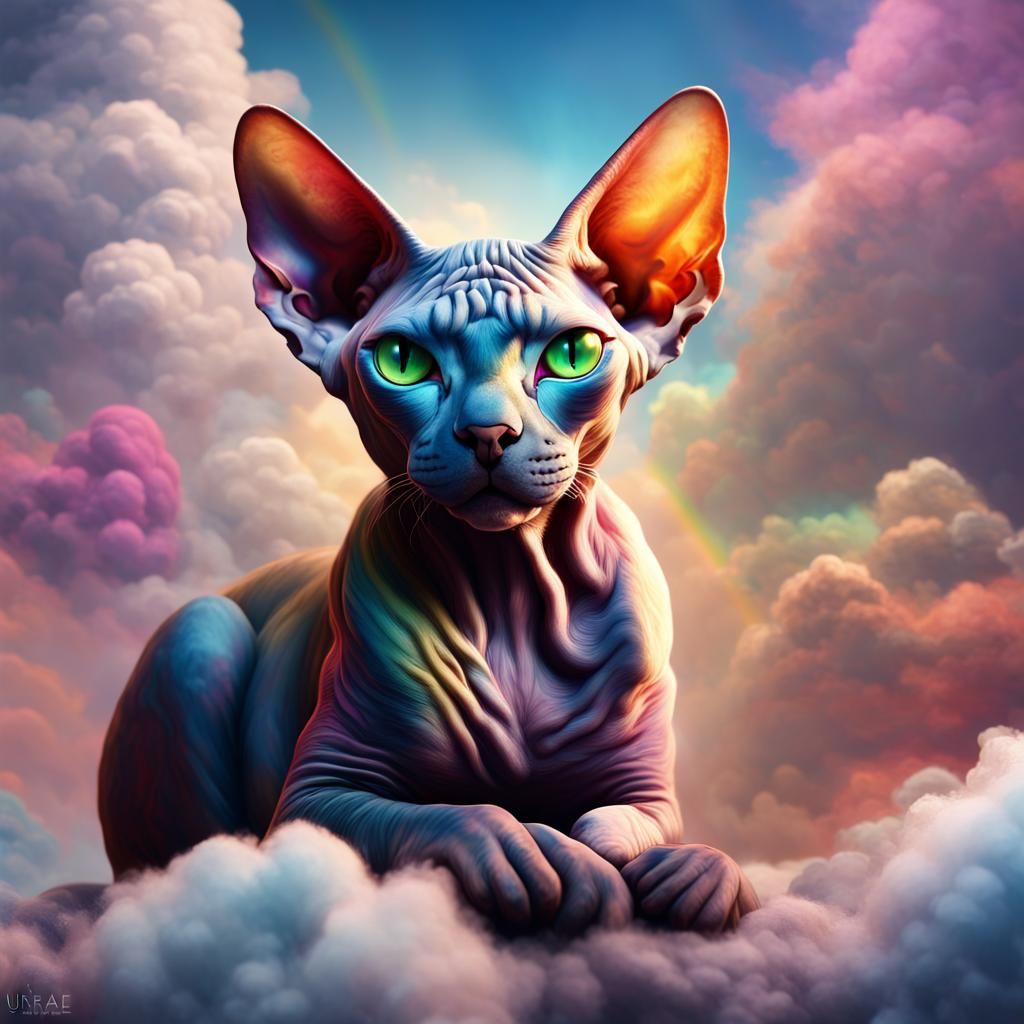 Rainbow Zen Cat on Clouds: Fantasy Art