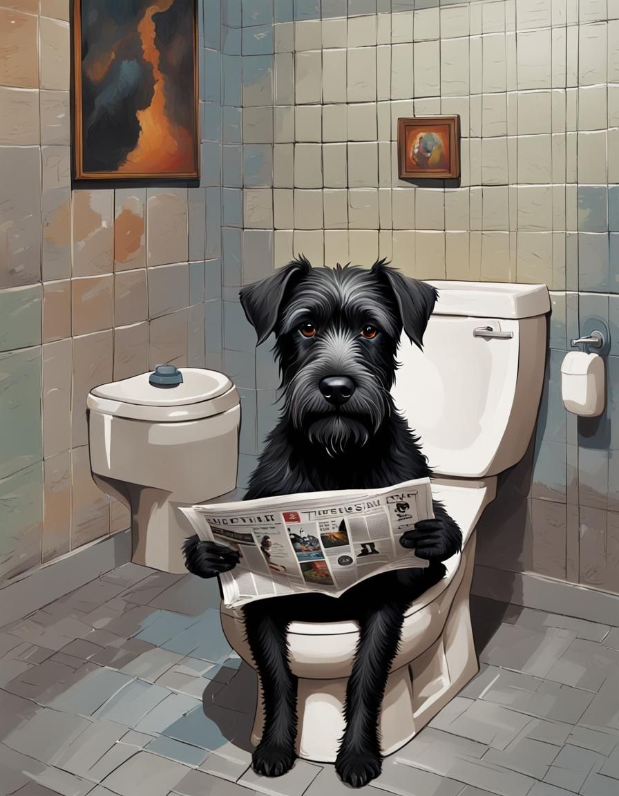Hyperrealistic Tibetan Terrier Reading Newspaper on Toilet