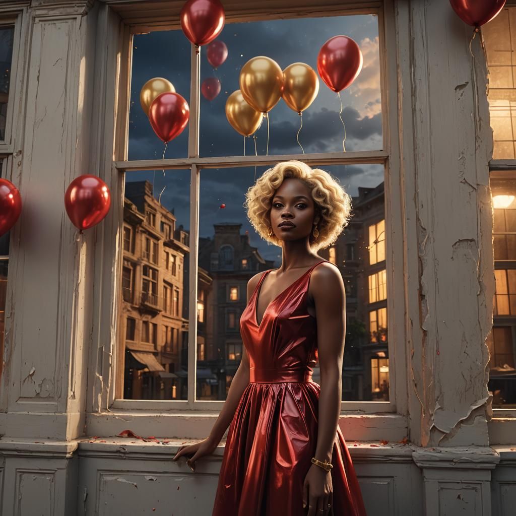 Elegant Woman in Red Gown with Gold Balloons