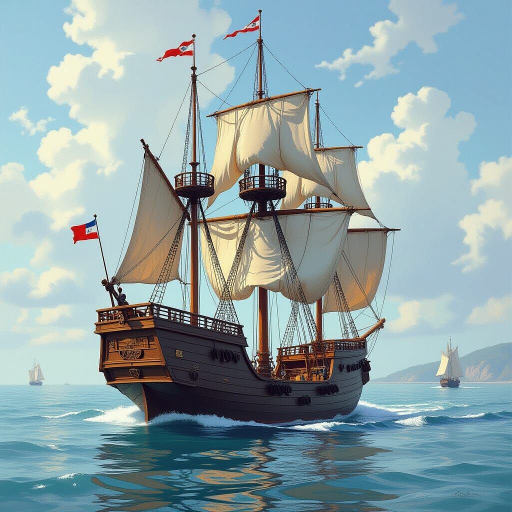 15th Century Ship on Pacific Ocean in Artistic Styles