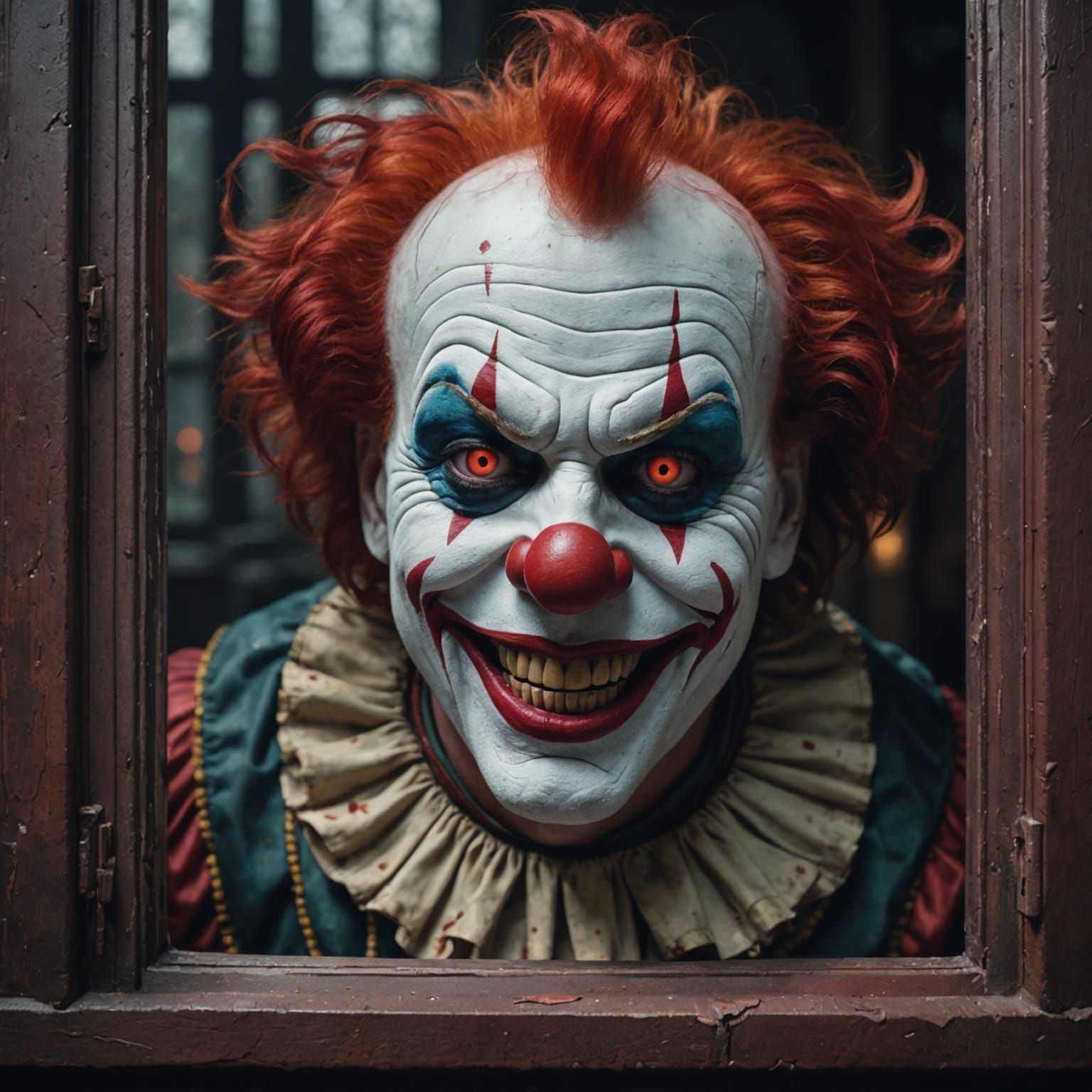 Clown with Red Smile Peering Through Window
