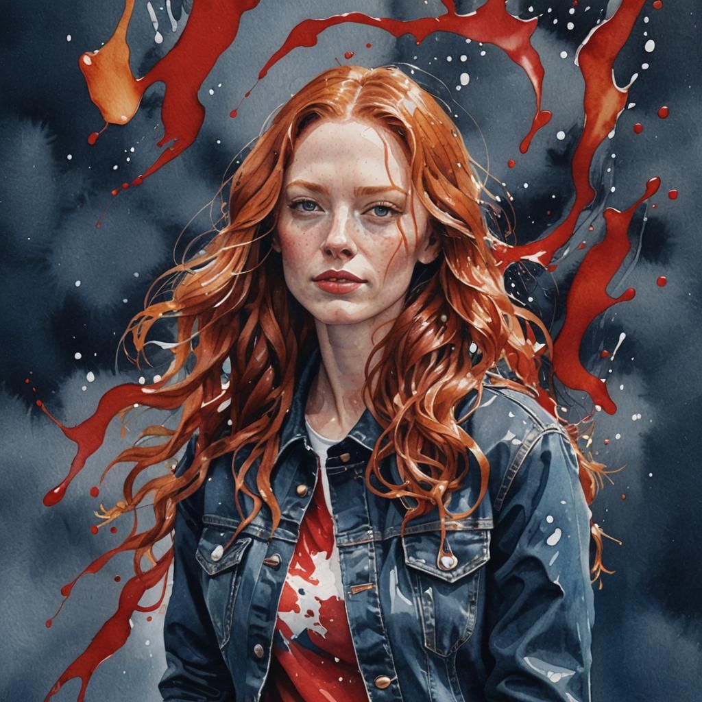 Ginger Woman in Pool: High-Resolution Watercolor Portrait