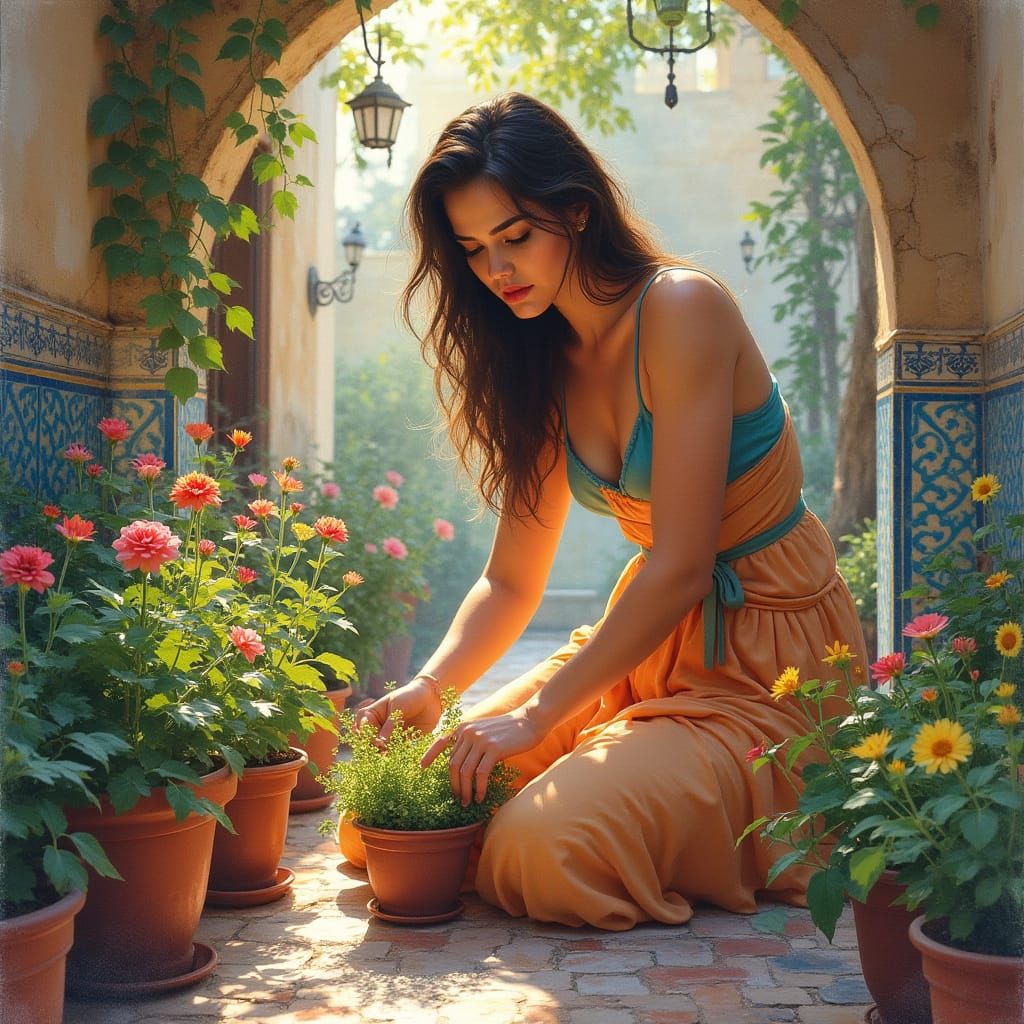 Syrian Woman in Mediterranean Garden, Watercolor Painting