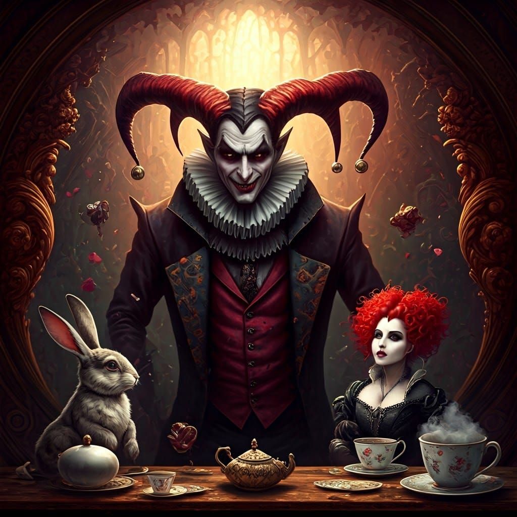 Surreal Jester Dances at Whimsical Tea Party in Hyperrealist...