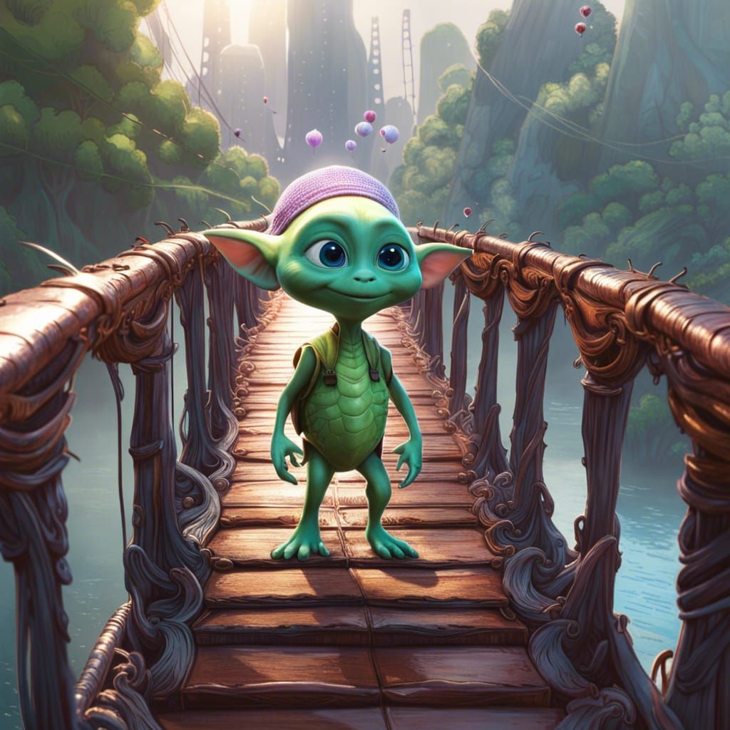 Cute Alien Crossing Bridge in Detailed 3D Art
