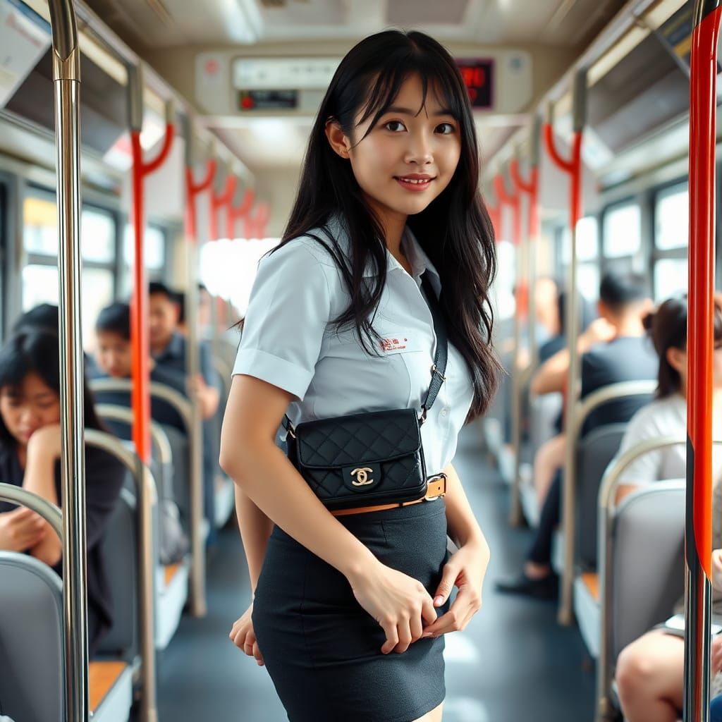 Japanese Woman in Uniform on Crowded Bus
