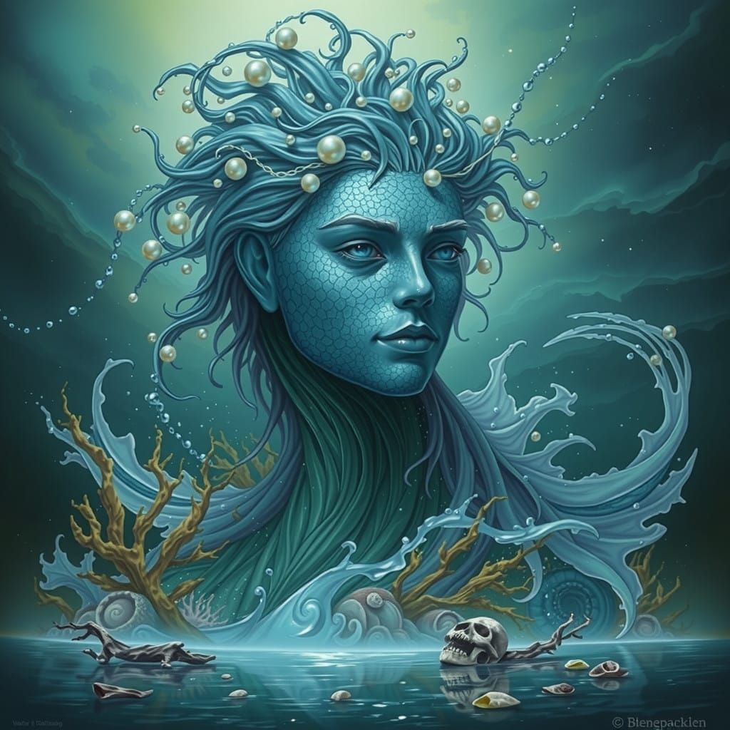 Ethereal Ocean Siren in a Gradient of Blues and Greens