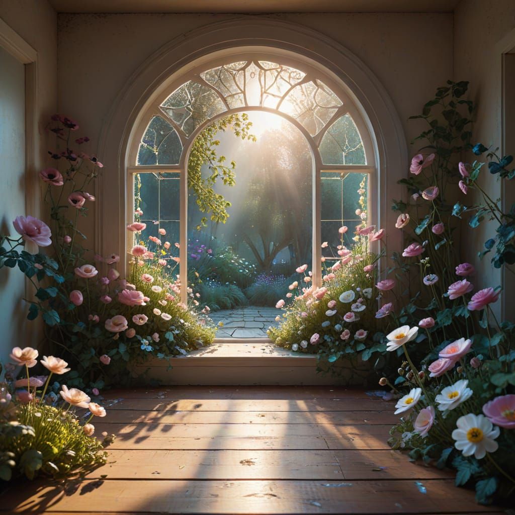 Ethereal Victorian Window Frames Overlooking a Mystical Beac...