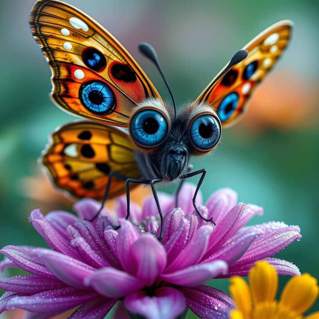Confused Butterfly on Dewy Flower in CGI Style