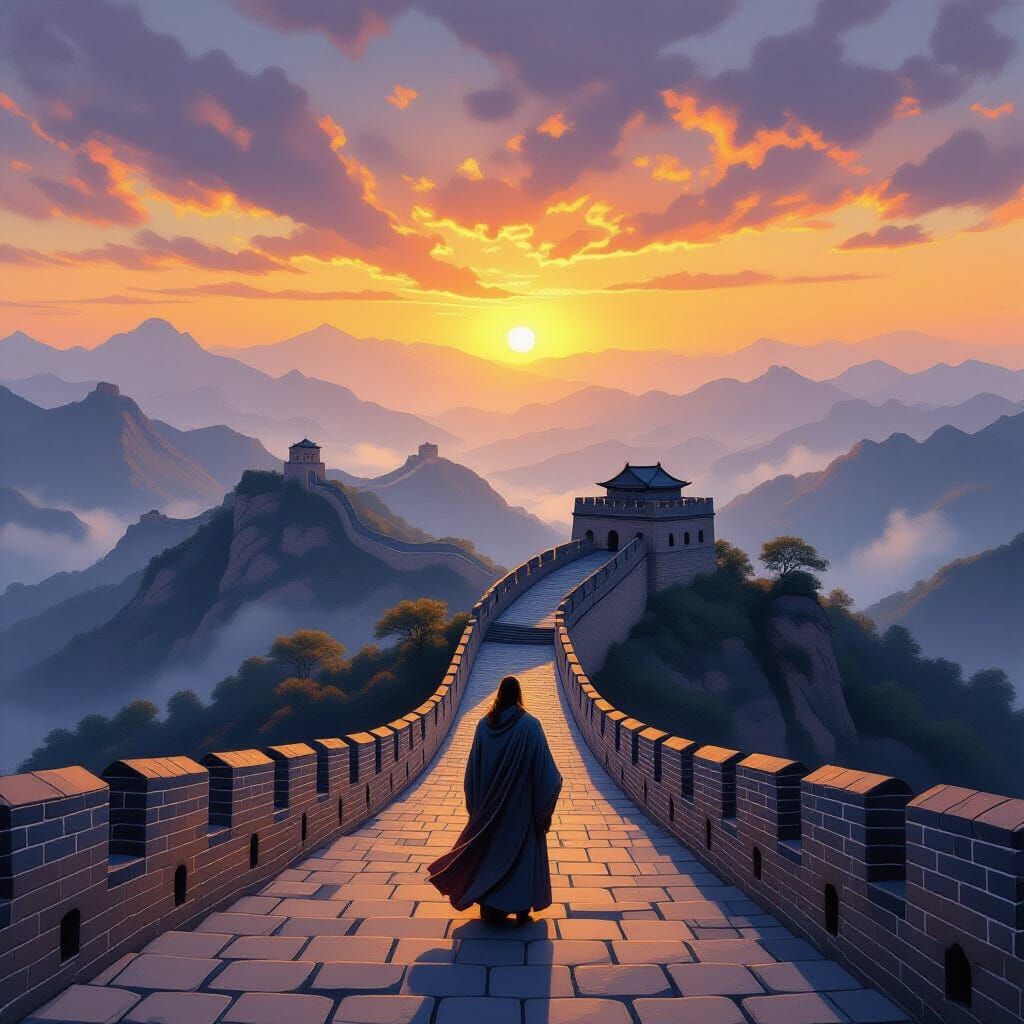 Lone Figure on Great Wall at Sunset in Painterly Style