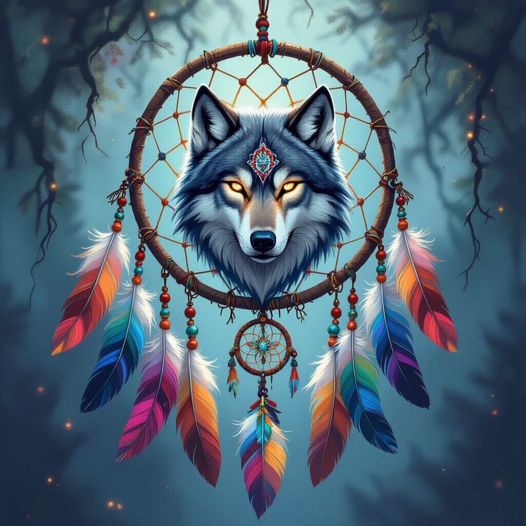Dreamcatcher with Wolf Head and Ethereal Background