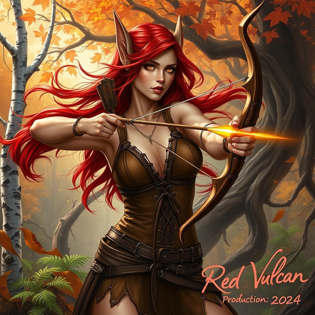 Female Vulcan Ranger Fires Arrow in Ethereal Forest