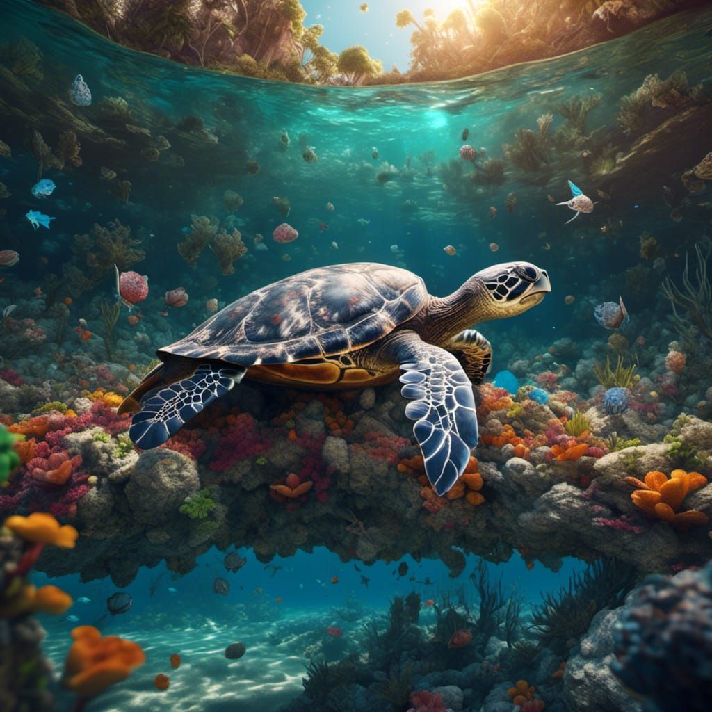 Mosaic Sea Turtle on Beach, Digital Art