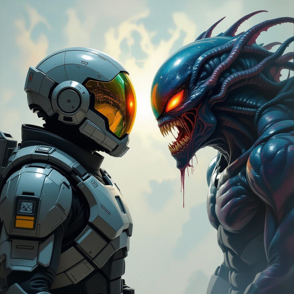 Futuristic Soldier Reflects Alien Encounter: Digital Paintin...