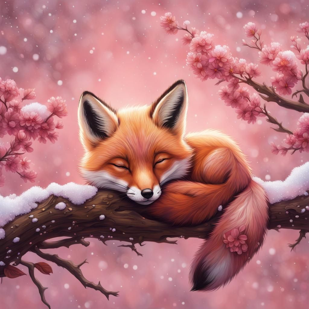 Baby Fox Asleep in a Snowy Flower Garden