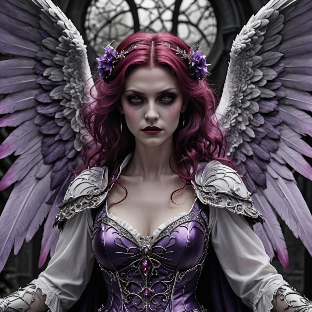 Gothic Vampire Angel with Violet Wings in HDR