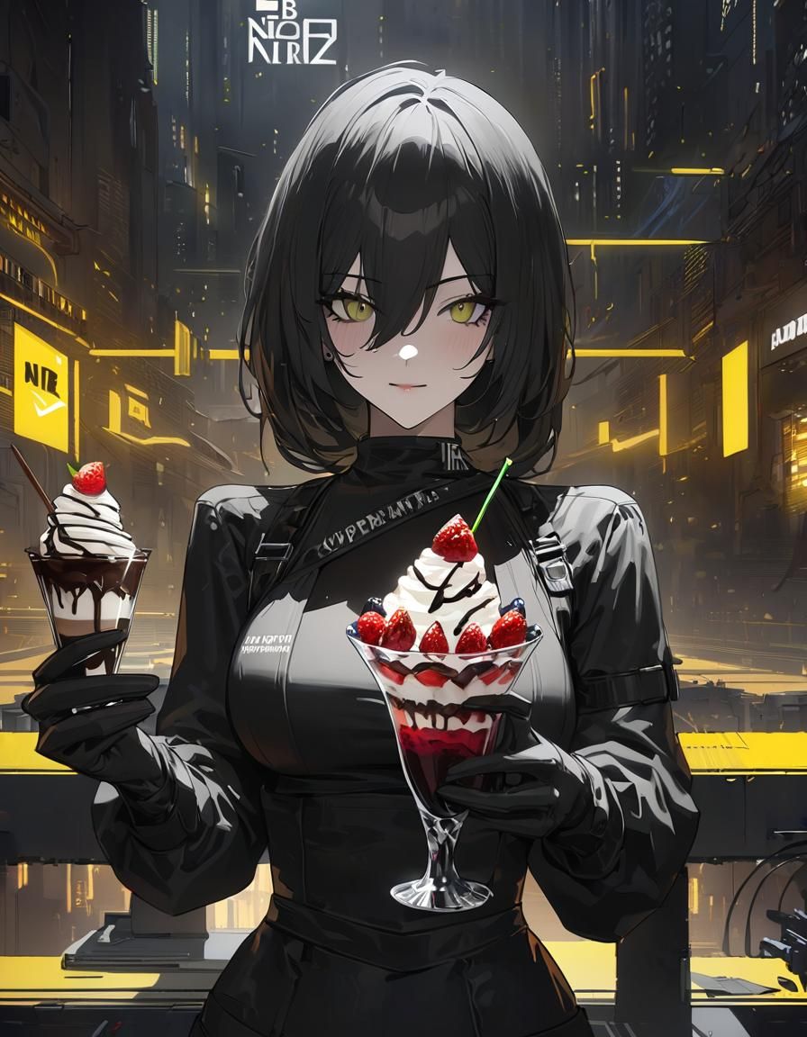 Cyberpunk 2B Enjoys a Chocolate Sundae