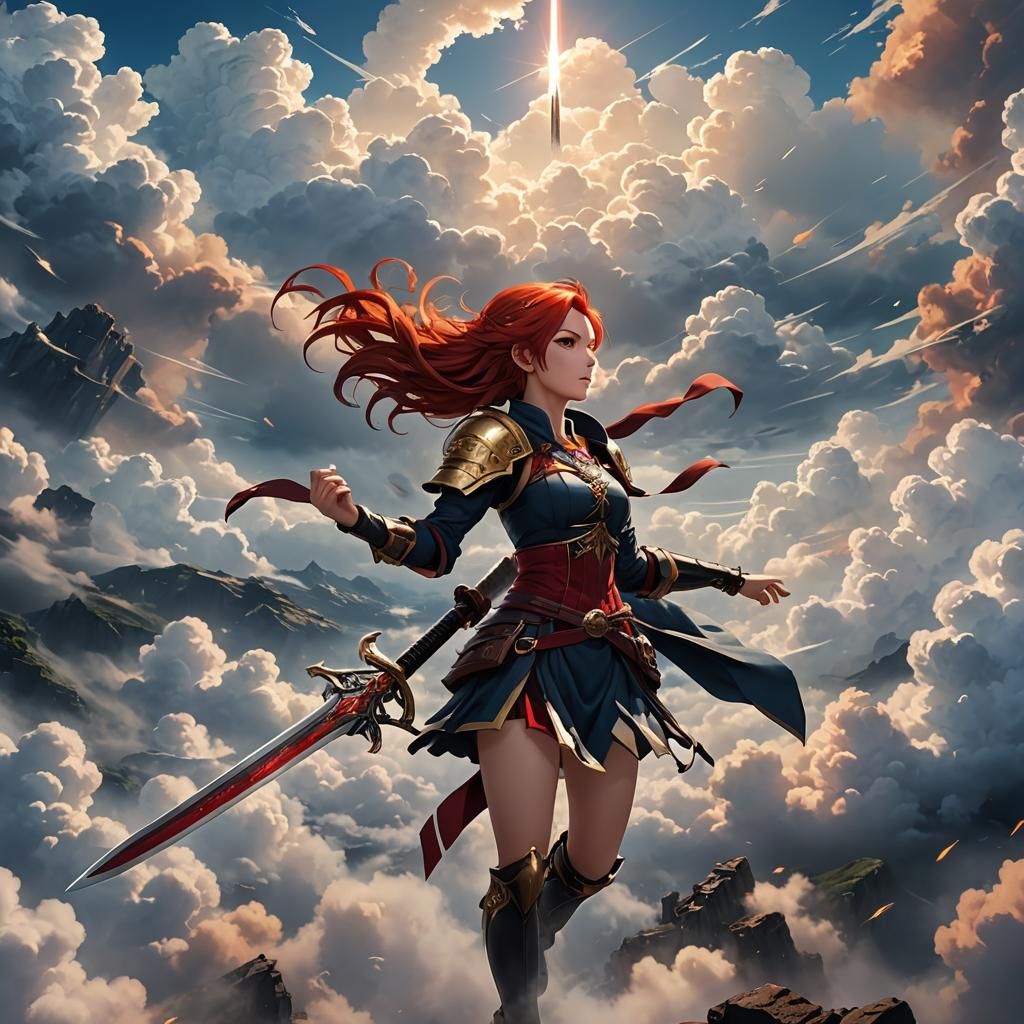 Anime Girl with Sword Flying Over Clouds