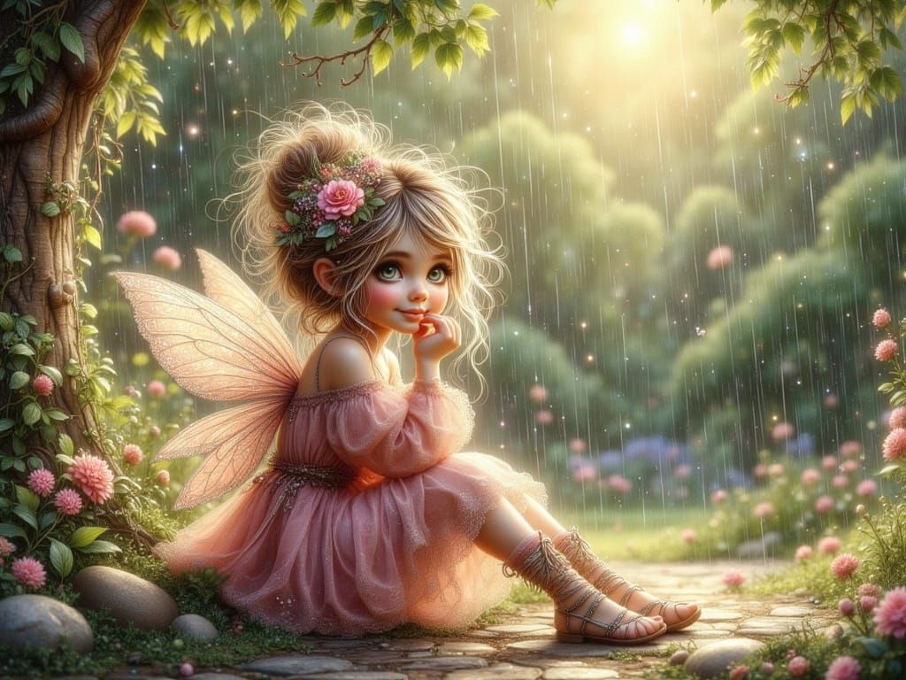 Tiny Fairy Hides Under Flower During Spring Rain