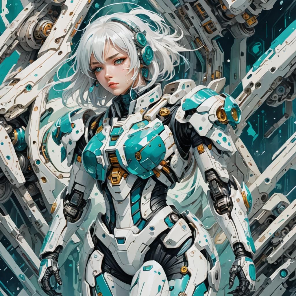 Anime Girl in Futuristic Combat Suit as Gouache Painting