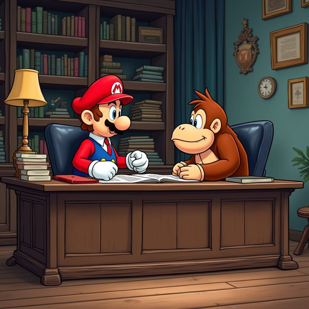 Mario Closes Deal with Cunning Monkey in Vintage-Style Offic...