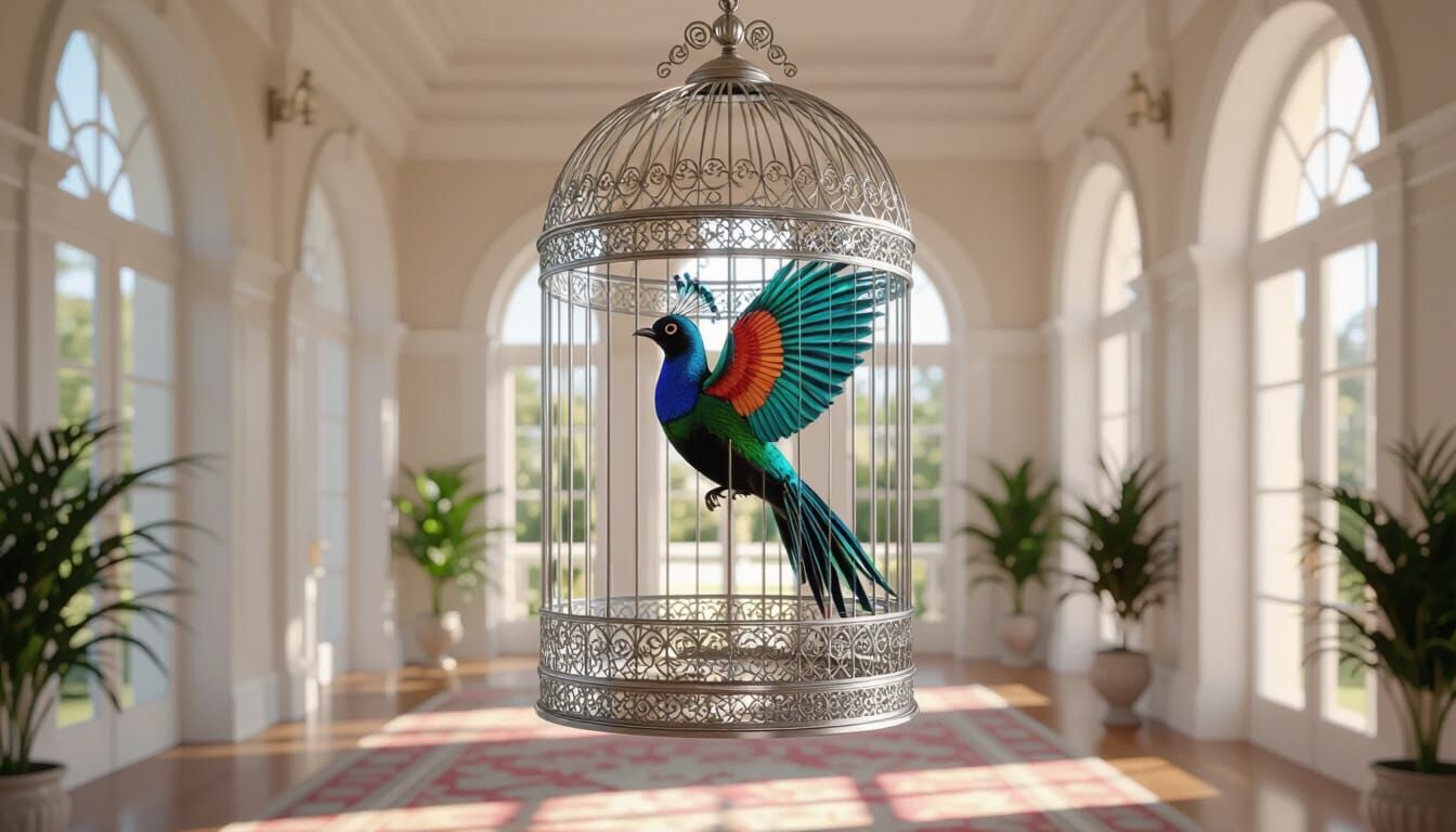 Intricate Bird of Paradise in Ornate Silver Cage