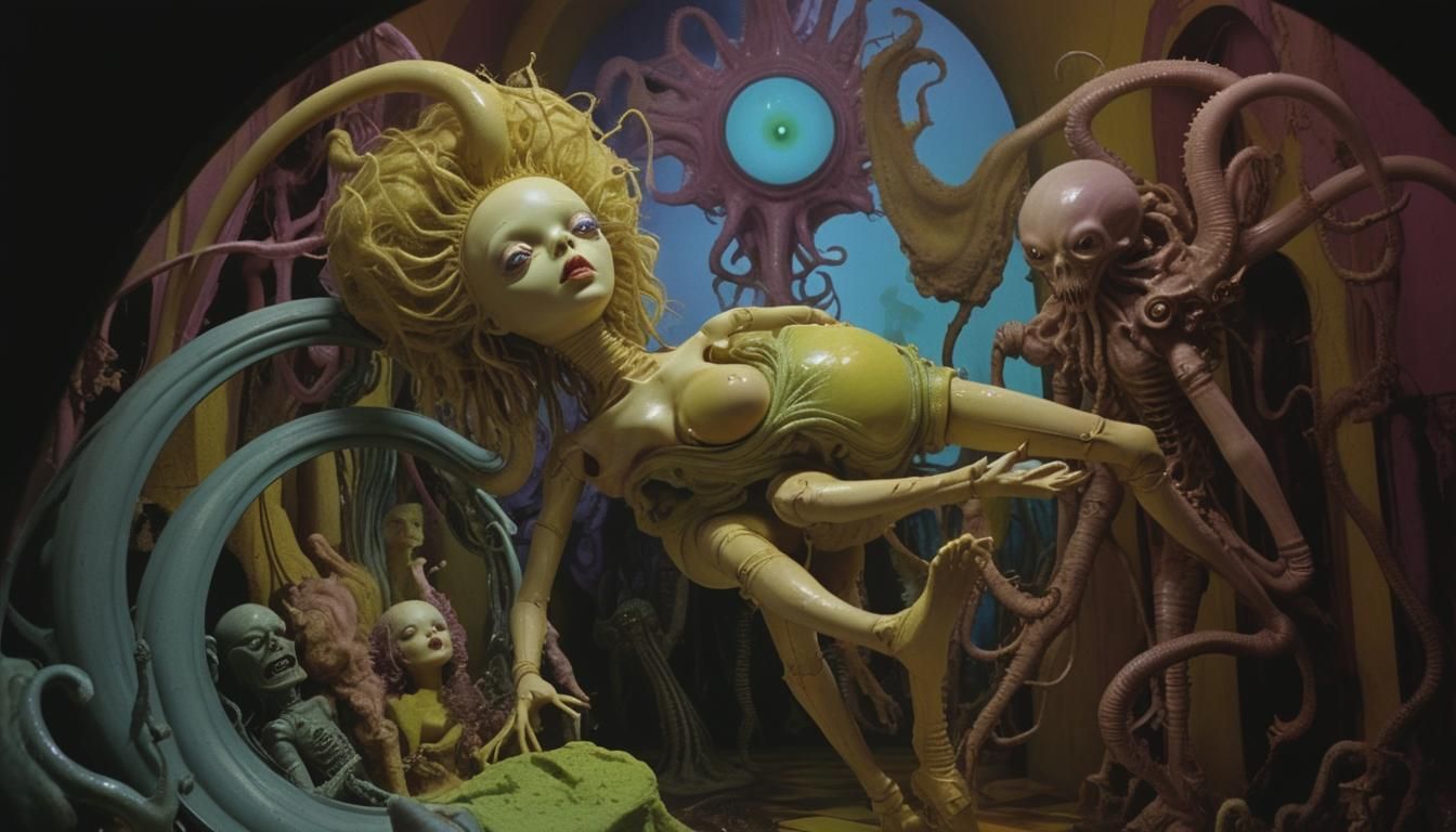 Surreal Dolls Dancing with Giger Alien in Art Nouveau