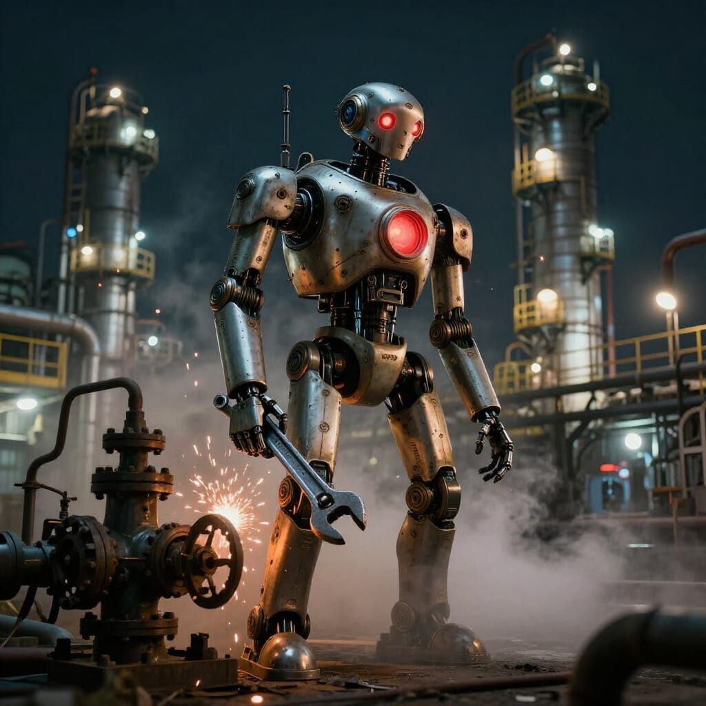 Retro Robot Repairs Oil Refinery at Night in Giger Style