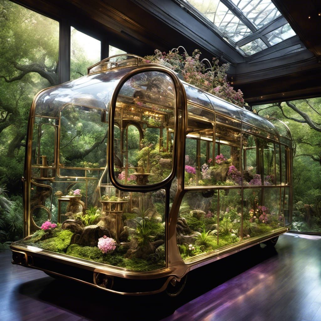 Transparent Glass Bus with Zen Garden, Steampunk Style