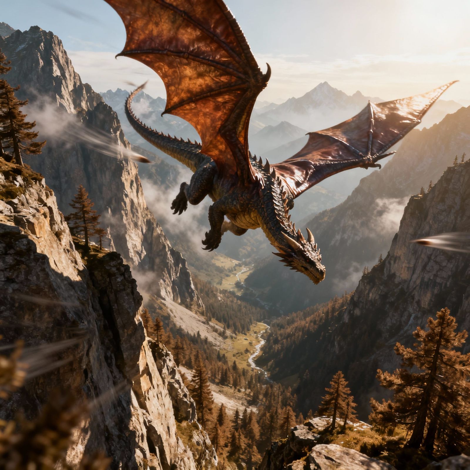 Wyvern Dive Over Mountains in Golden Hour Light