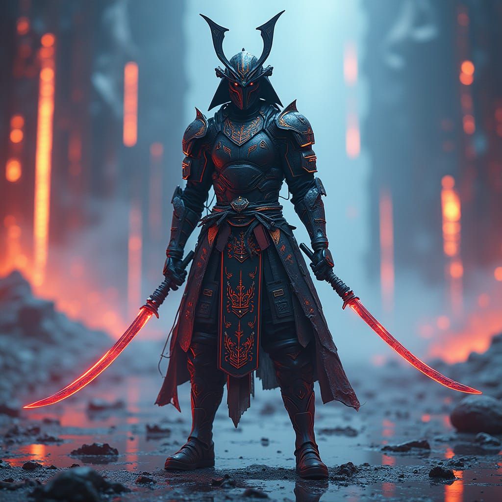 Neo Samurai in Futuristic Battlefield, Cyberpunk Style