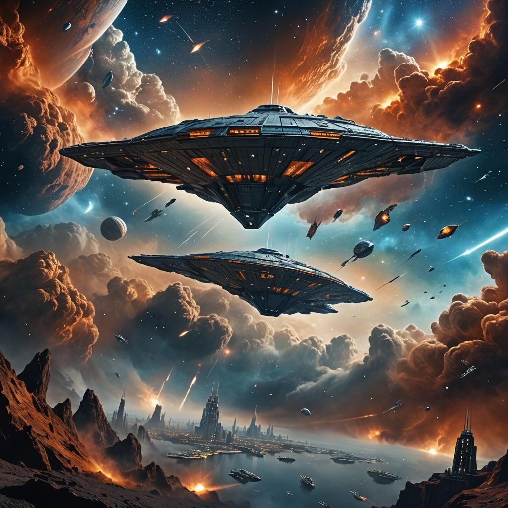 Spaceship Destinée Navigates Nebula in Matte Painting Style