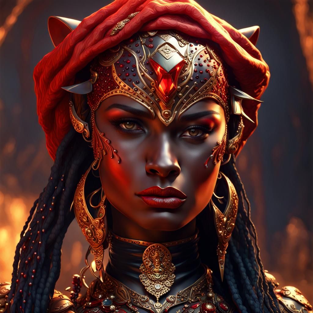 Red Jeweled Cheetah Warrior Woman in Dark Fantasy Style