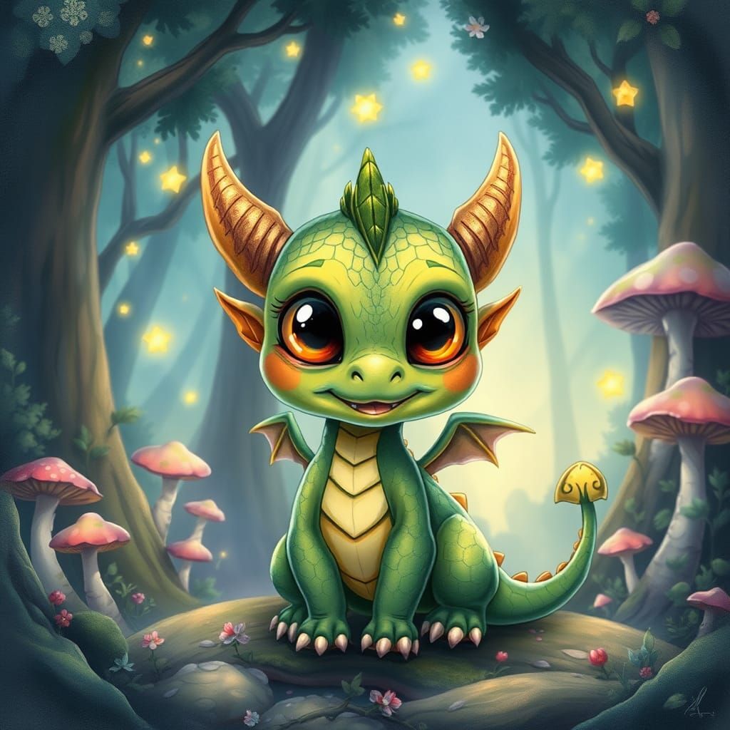 Charming Chibi Dragon in Dreamy Fantasy Landscape